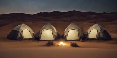 portable five tents in night desert